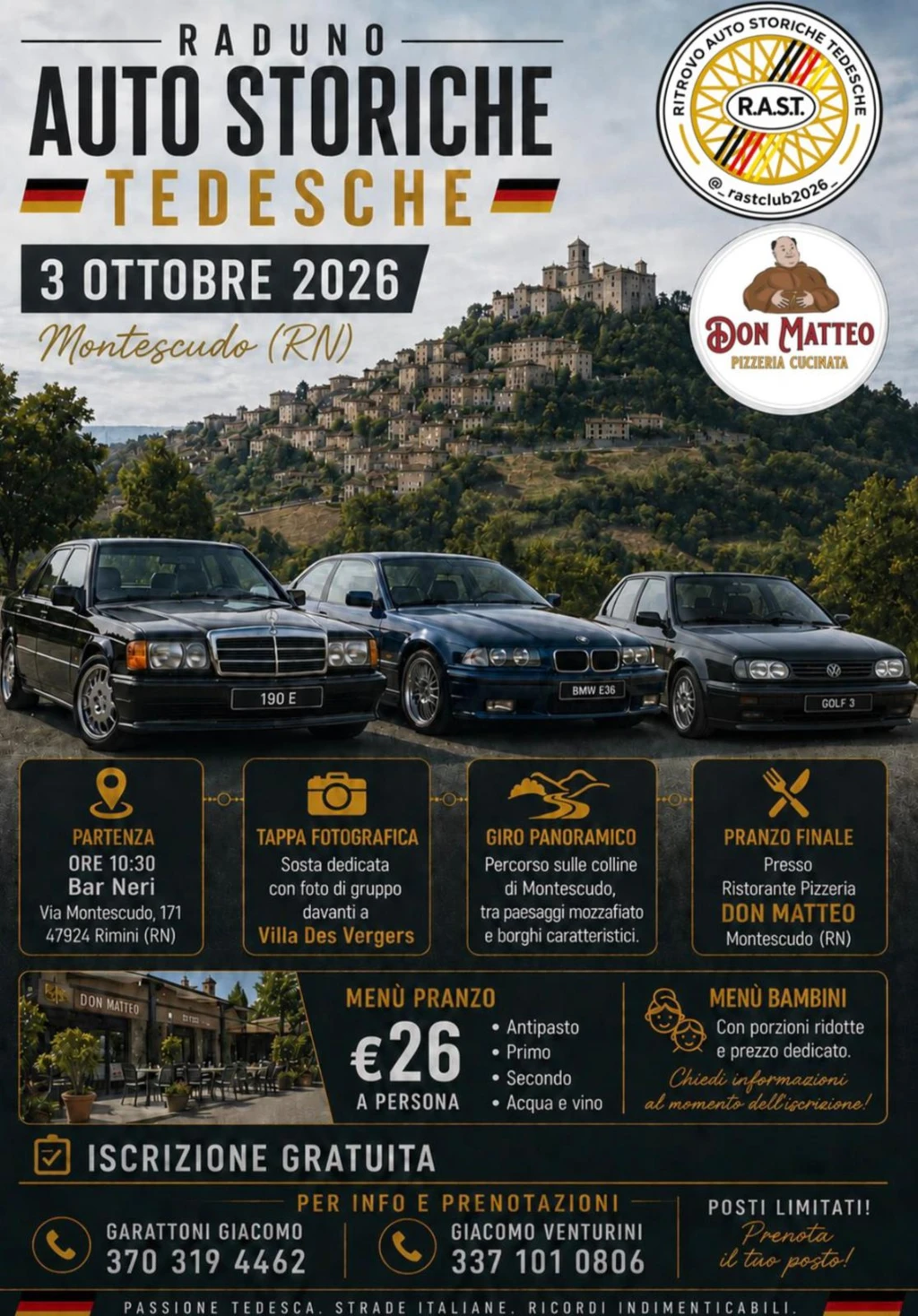 Locandina del raduno Auto Storiche Tedesche del 3 ottobre 2026 con partenza dal Bar Neri